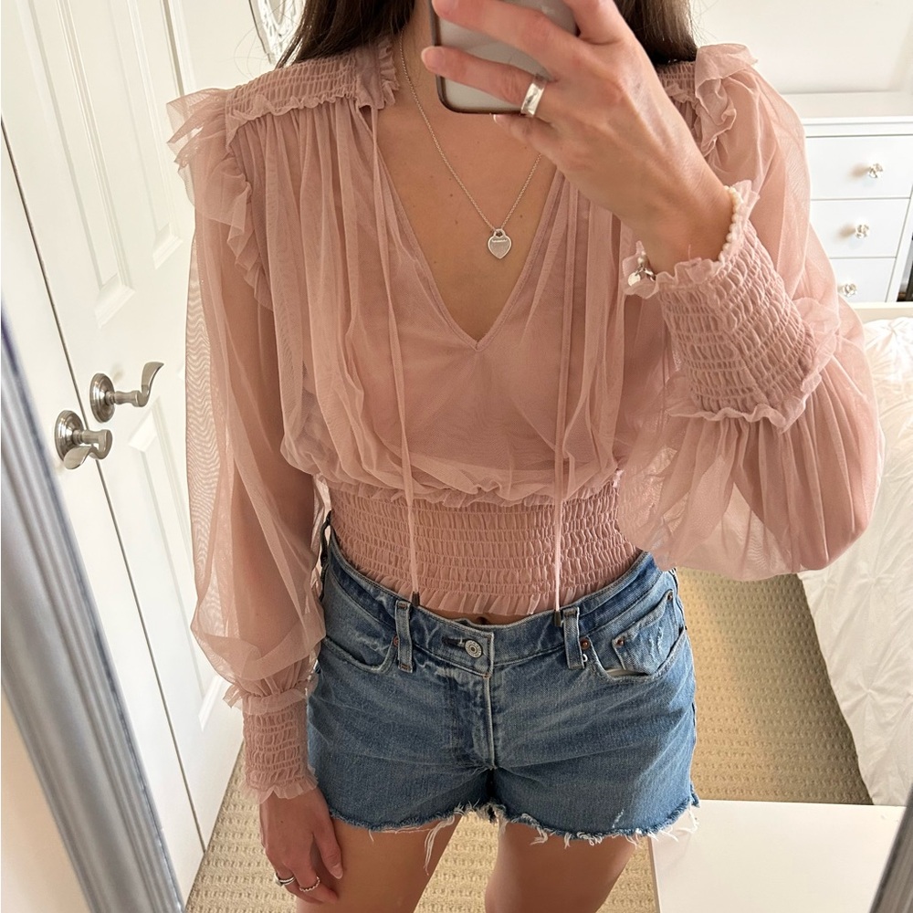 Free People Pink Ruffled Tulle Puff Sleeve Blouse